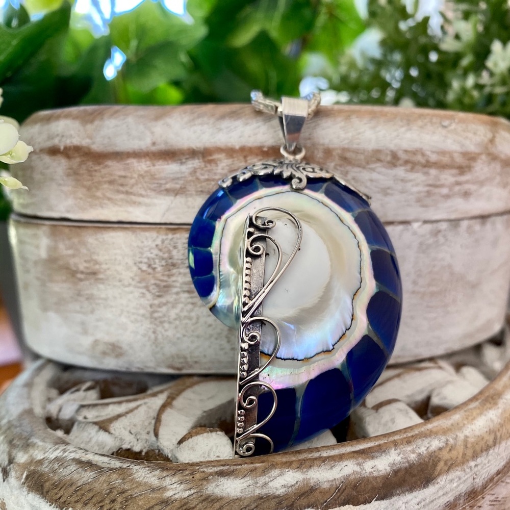 NEW Blue Ammonite Fossil Pendant 925 Silver